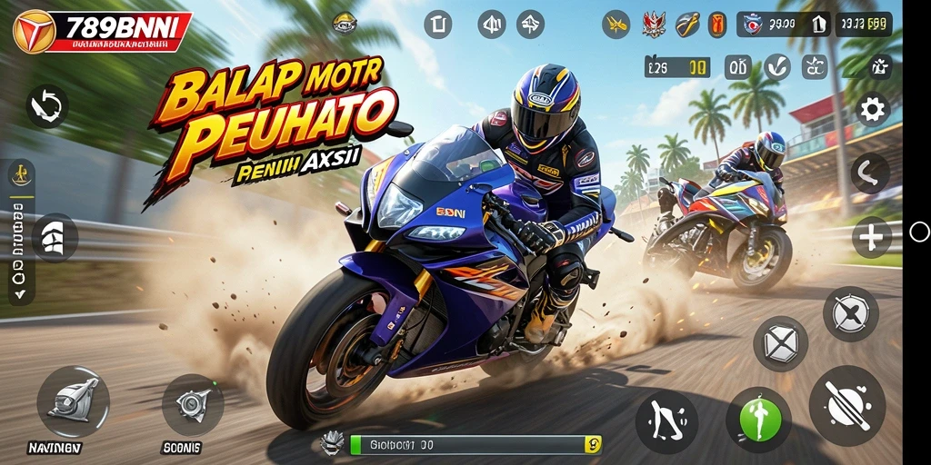Screenshot gameplay 789BNI menunjukkan aksi balap motor yang seru.