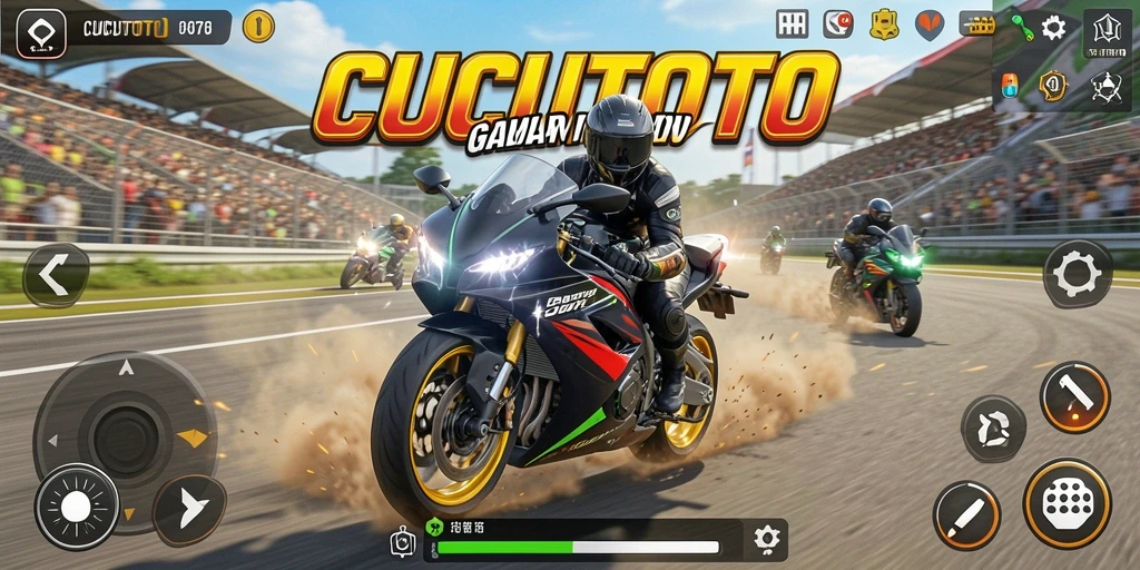 Screenshot gameplay CUCUTOTO yang menampilkan balapan motor yang menegangkan.
