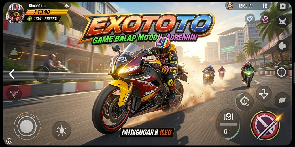 Screenshot gameplay <strong>EXOTOTO</strong> menampilkan balapan motor yang mendebarkan.