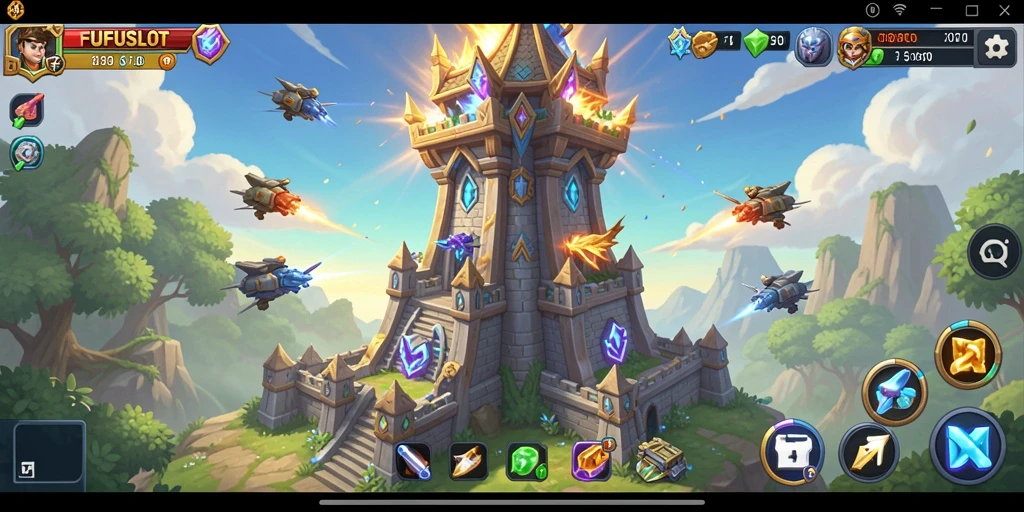 Tampilan gameplay FUFUSLOT menampilkan menara pertahanan yang kokoh menghadapi gelombang musuh.