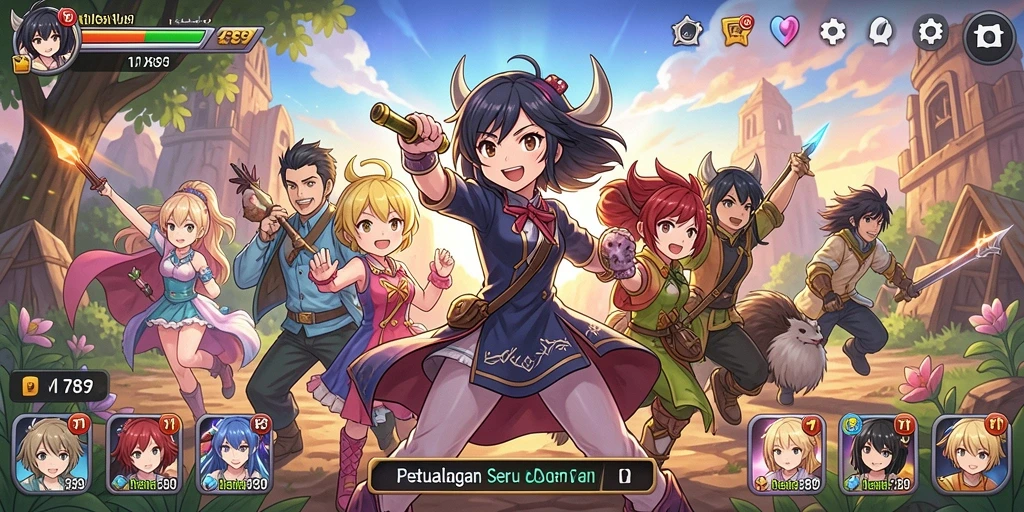 Tangkapan layar gameplay memukau dari IDN789 yang menampilkan karakter anime.