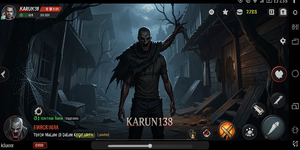 Screenshot gameplay KARUN138, menampilkan suasana menakutkan dan karakter menyeramkan.