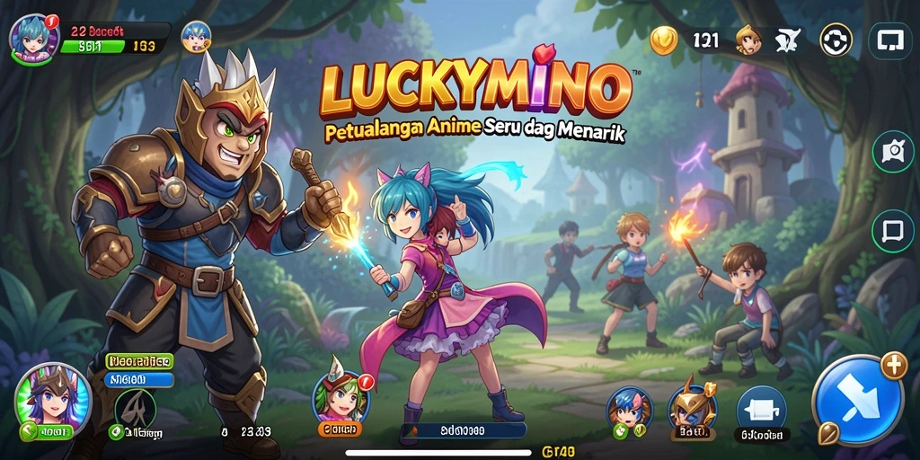 Tangkapan layar gameplay <strong>LUCKYMINO</strong> yang menggambarkan petualangan seru di dunia anime.