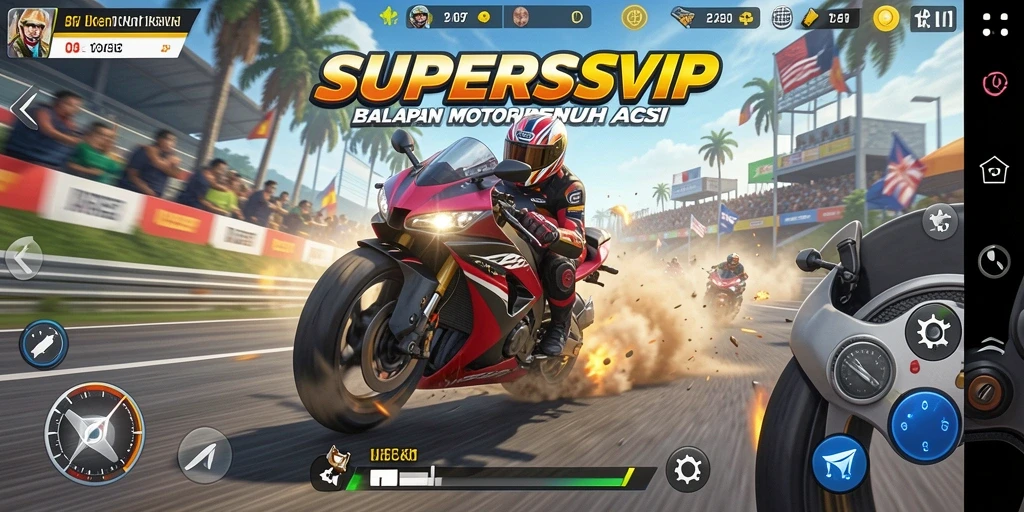 Screenshot dari gameplay menampilkan balapan motor yang mendebarkan.